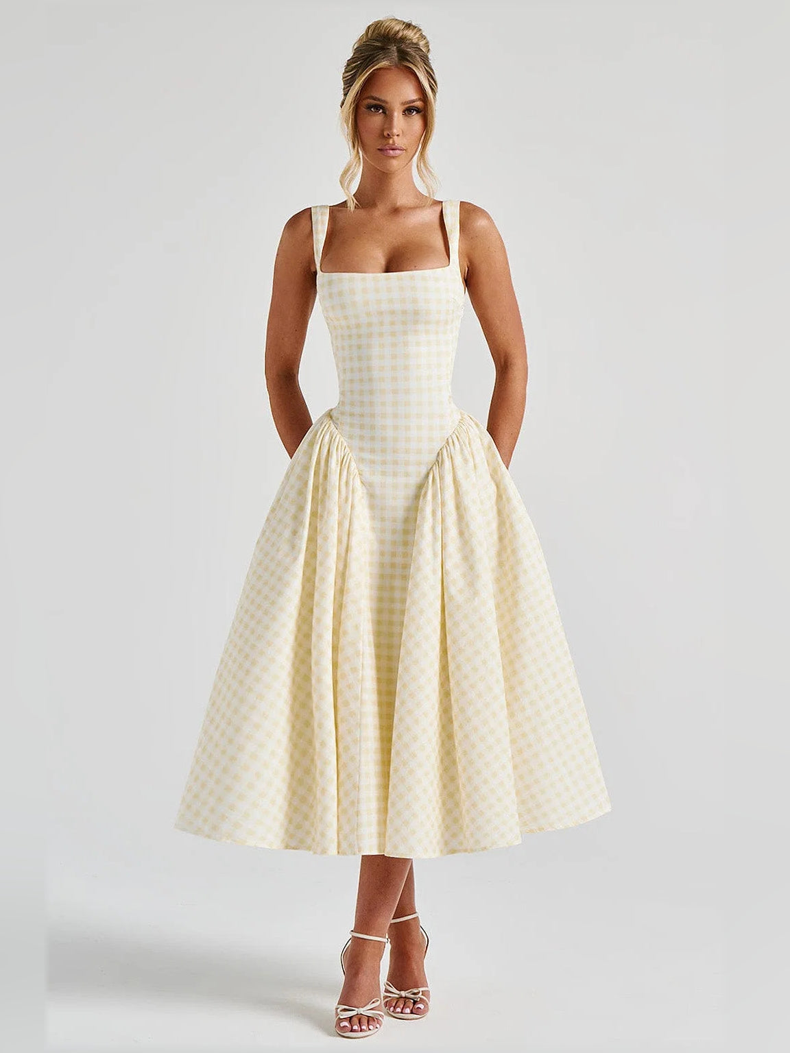 Lemon gingham midi formal dress with square neckline, spaghetti straps, and gathered flared skirt