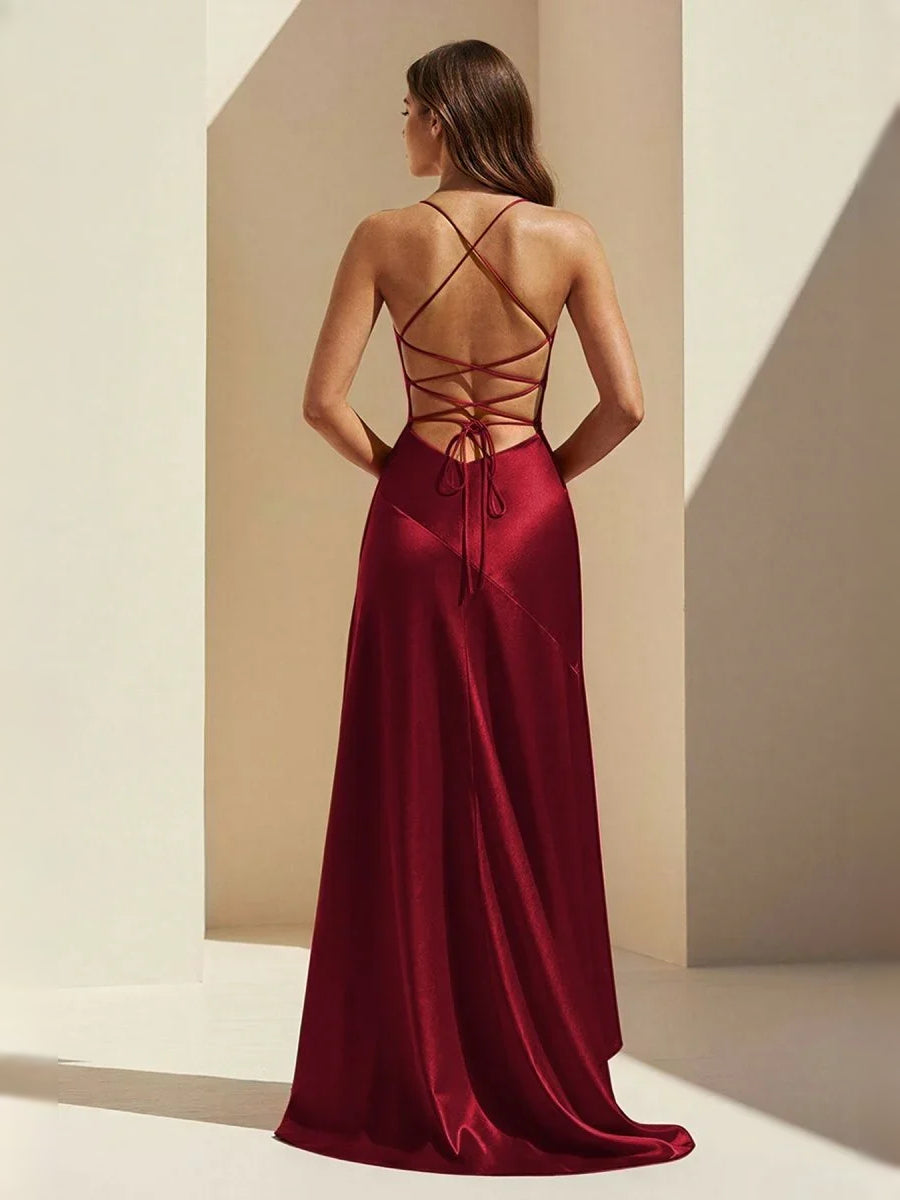Burgundy satin mermaid prom dress with open back crisscross straps and tie