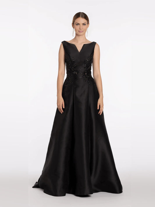 Black V-neck sleeveless formal dress with beaded bodice, floor-length A-line skirt