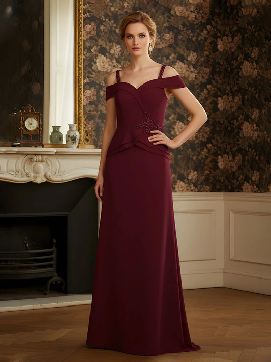 Burgundy beaded sweetheart A-line mother-of-bride gown, off-shoulder straps, floor length