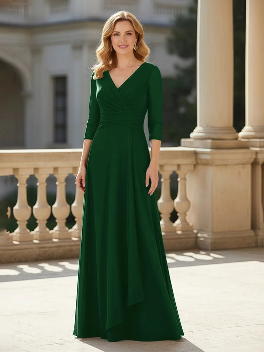 Dark green ruched corset V-neck A-line evening gown, 3/4 sleeves, floor length