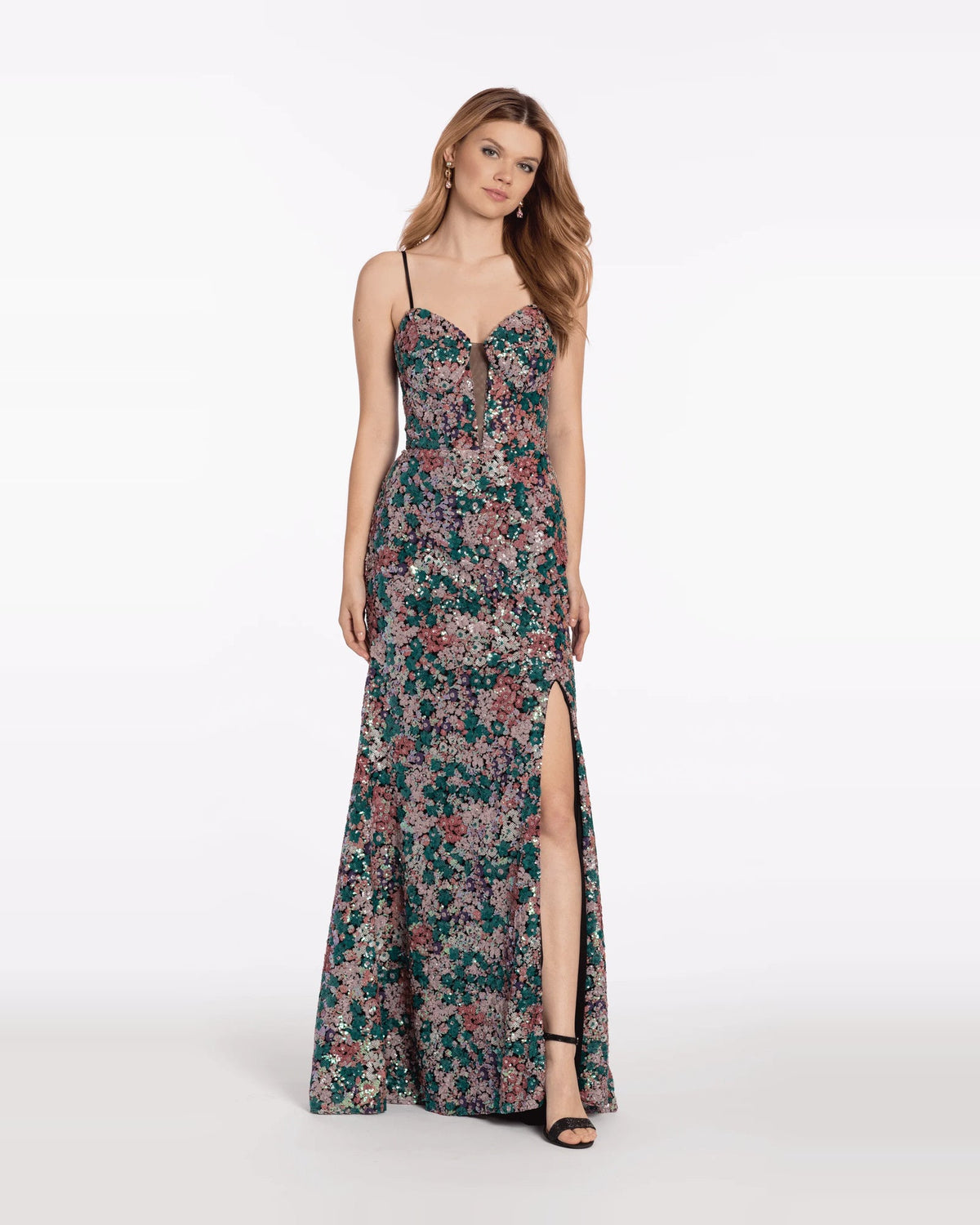 Green sequin column maxi prom dress with plunging sweetheart neckline and side slit