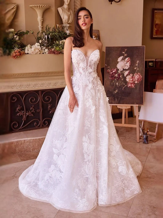 Ivory floral lace sweetheart A-line tulle wedding dress, sleeveless corset, floor-length