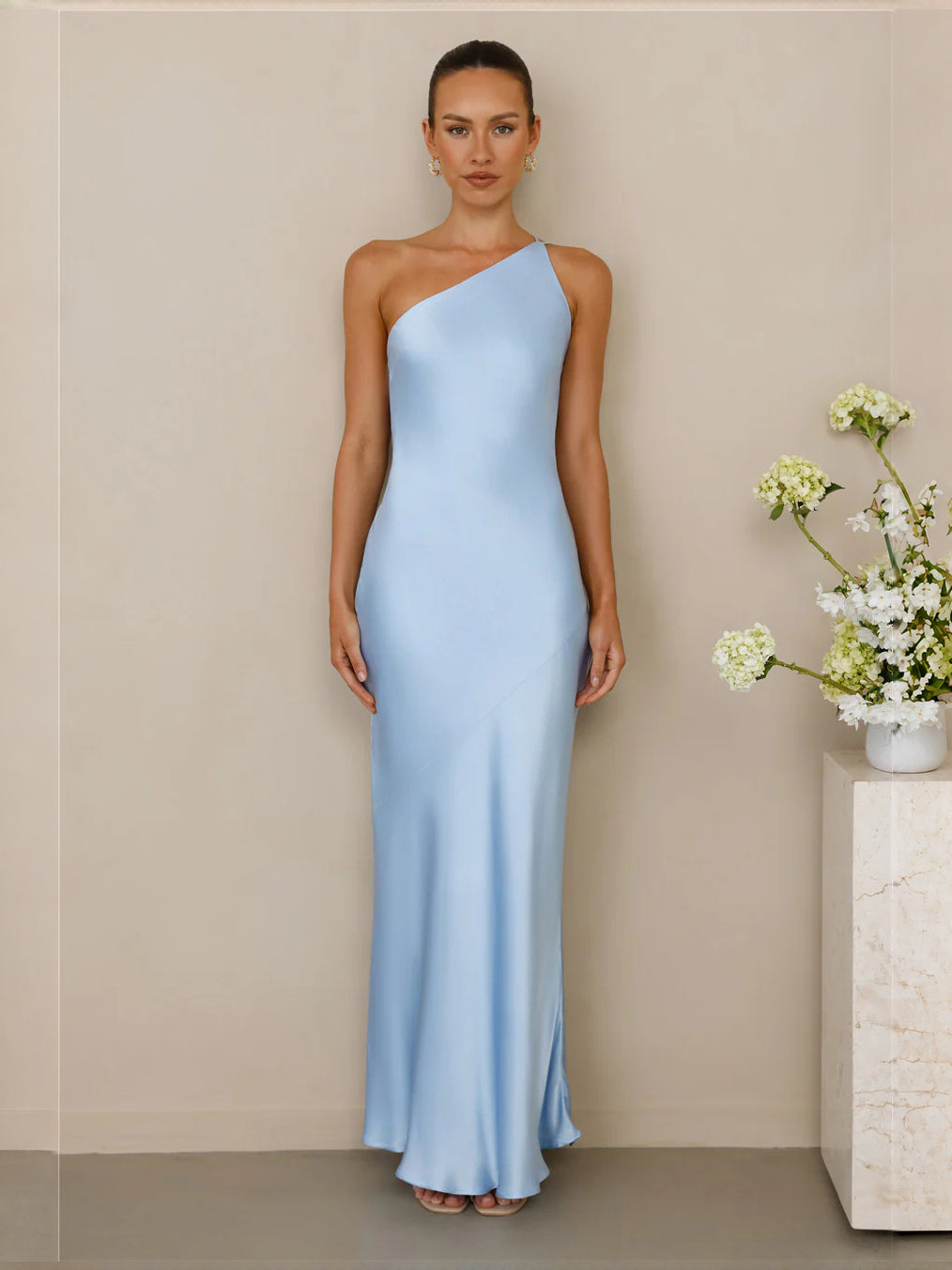 Blue one-shoulder satin maxi formal dress, fitted sheath silhouette