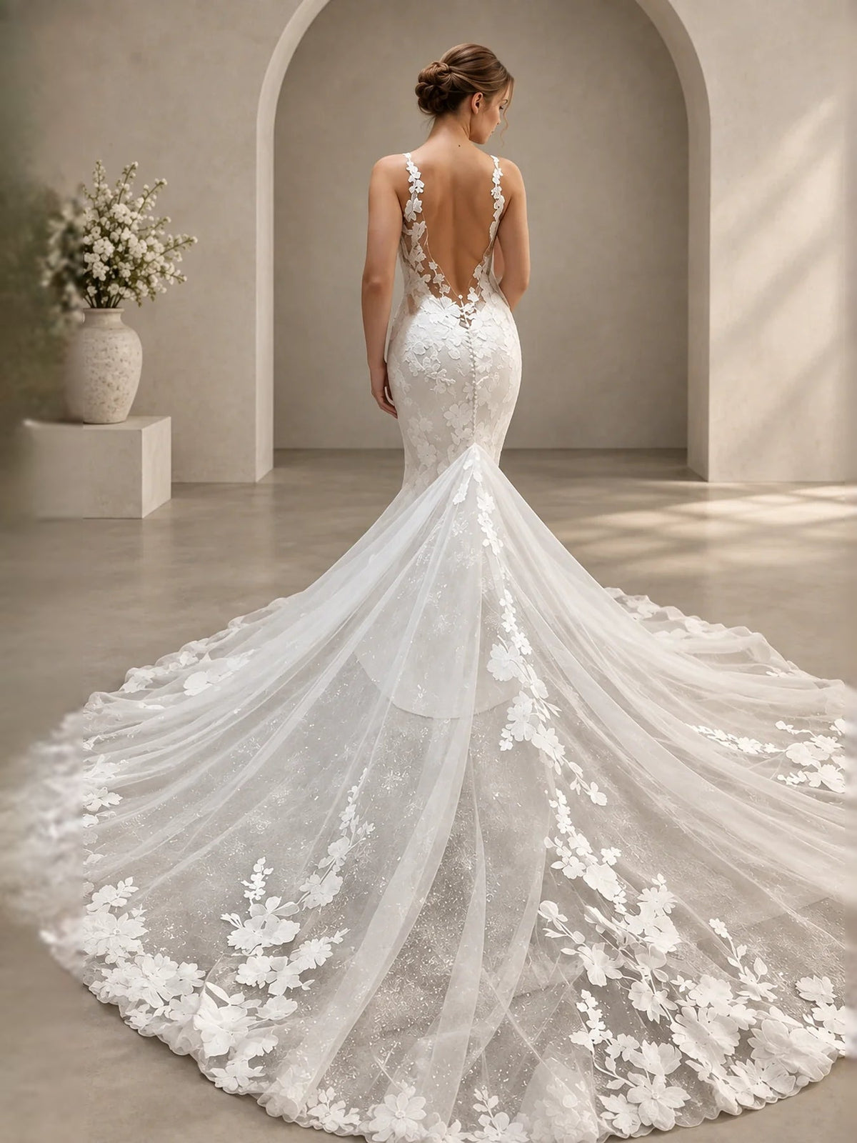 Ivory floral lace V-neck A-line wedding dress with open back and long tulle train