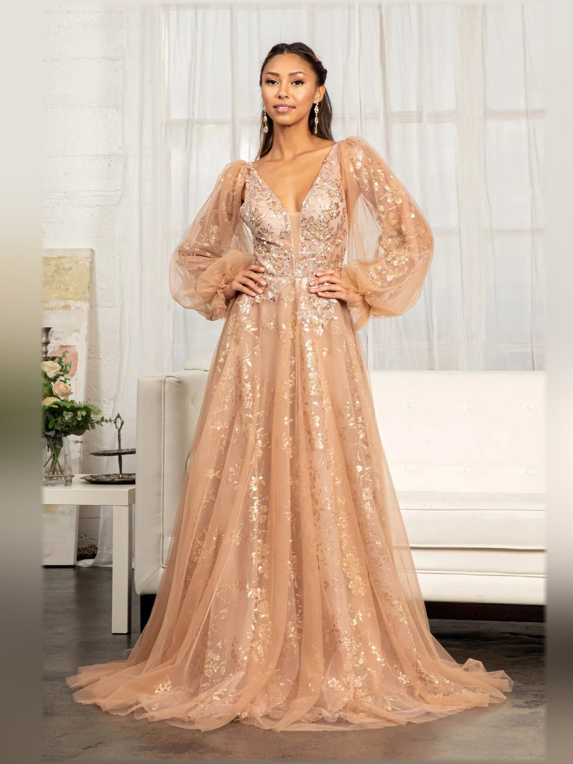 Champagne floral sequin V-neck A-line formal dress with sheer puff sleeves