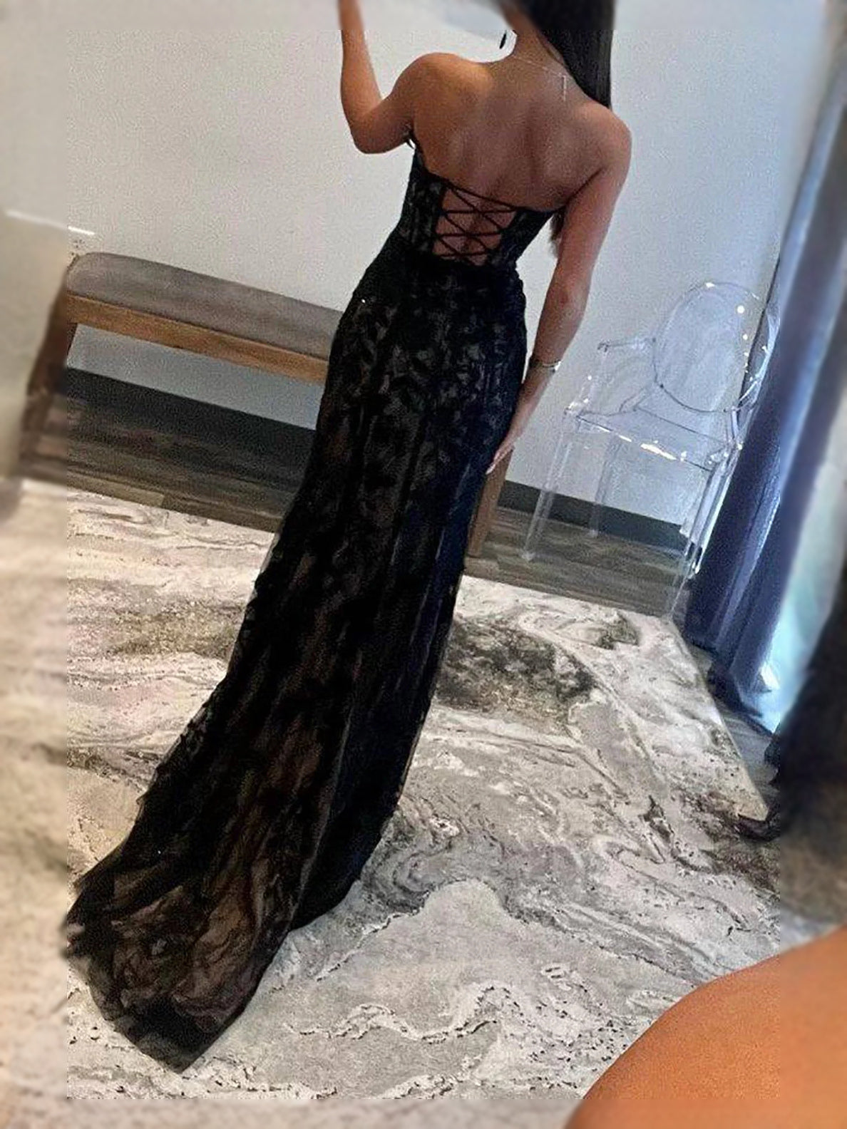 Black lace corset sweetheart prom dress, floor-length sheath with side slit