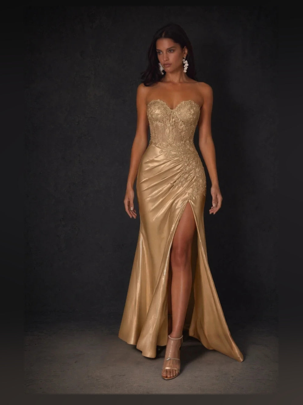 Champagne gold sweetheart ruched satin sheath prom dress with floral bodice and thigh slit