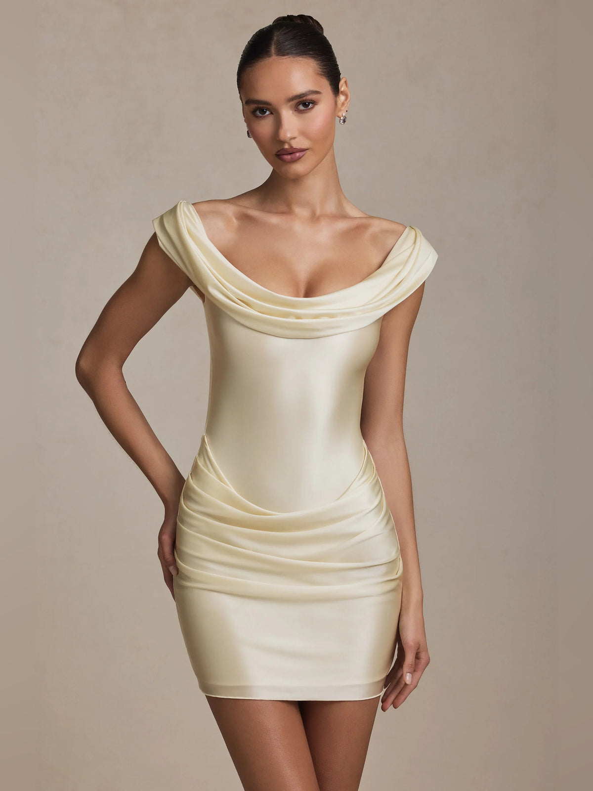 Ivory draped off-shoulder mini homecoming dress with fitted ruched bodice