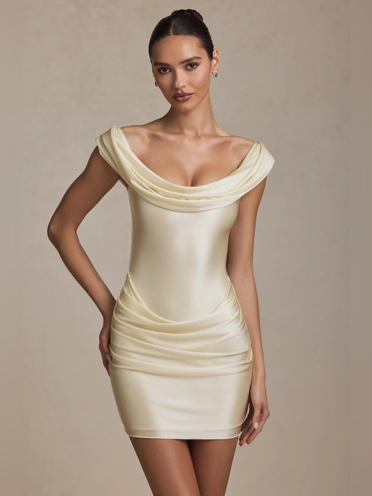 Ivory draped off-shoulder mini homecoming dress with fitted ruched bodice