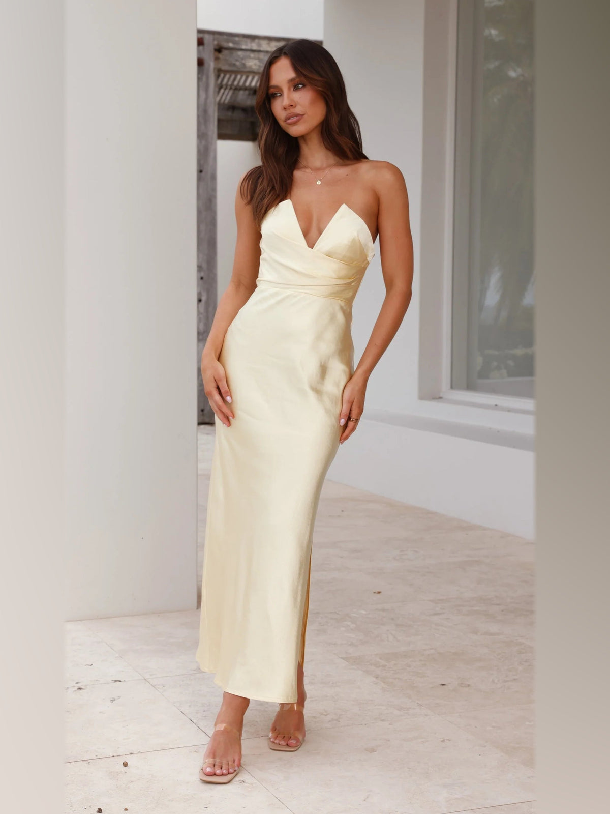 Yellow midi formal dress, front full-length view showing the neckline