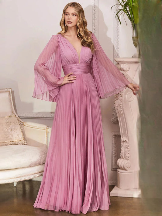 Dusty pink V-neck pleated A-line chiffon dress with flutter sleeves