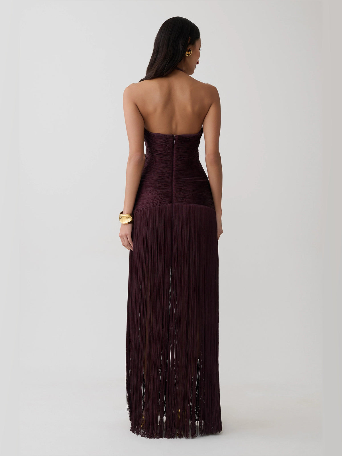 Plum formal dress with a-line silhouette and maxi length
