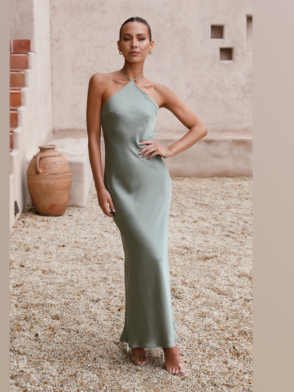 Green maxi formal dress, front full-length view showing the neckline