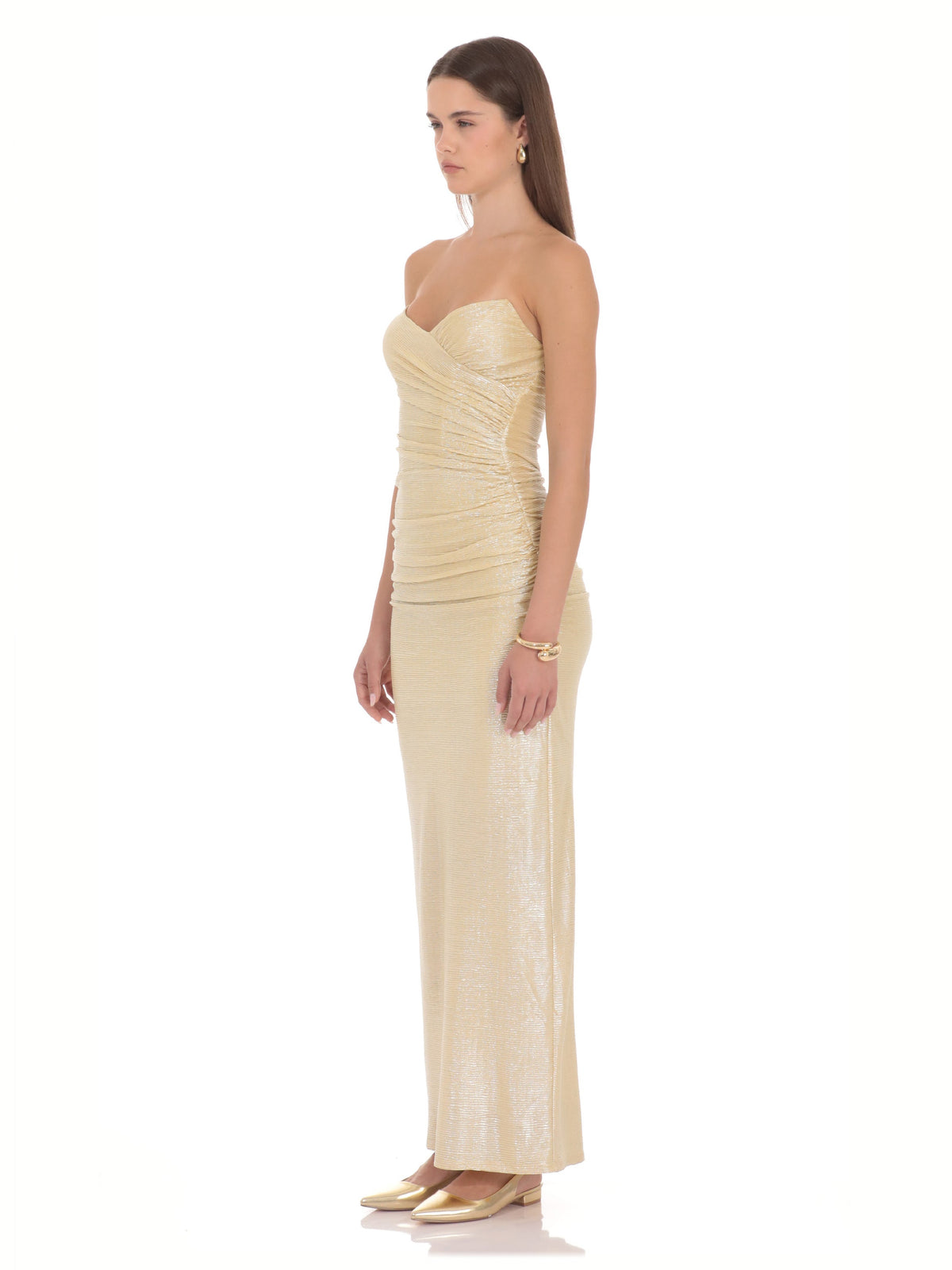 Champagne bridesmaid dress with a-line silhouette and maxi length
