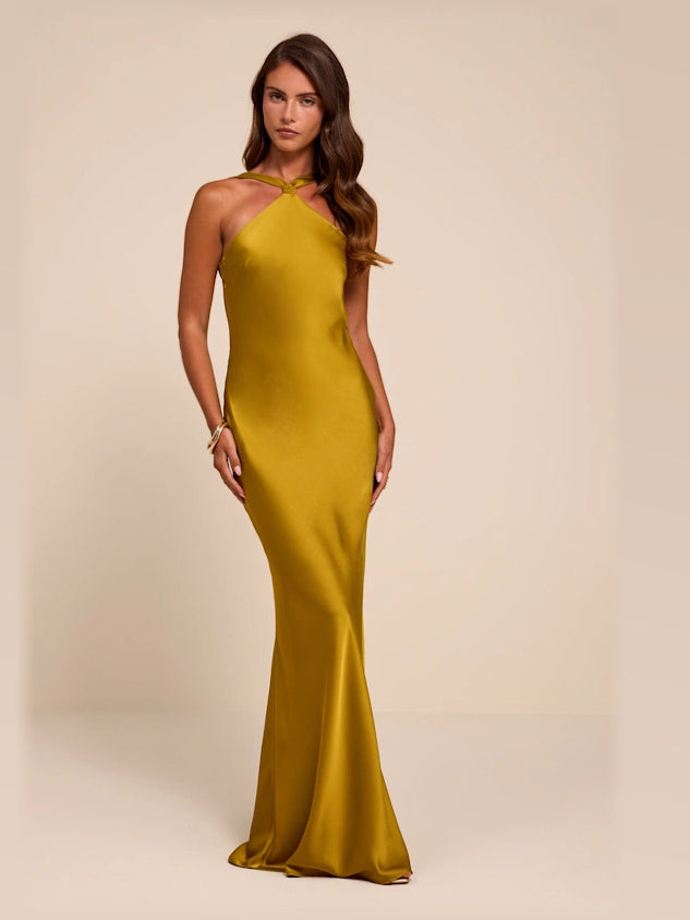 Chartreuse formal dress with a-line silhouette and maxi length