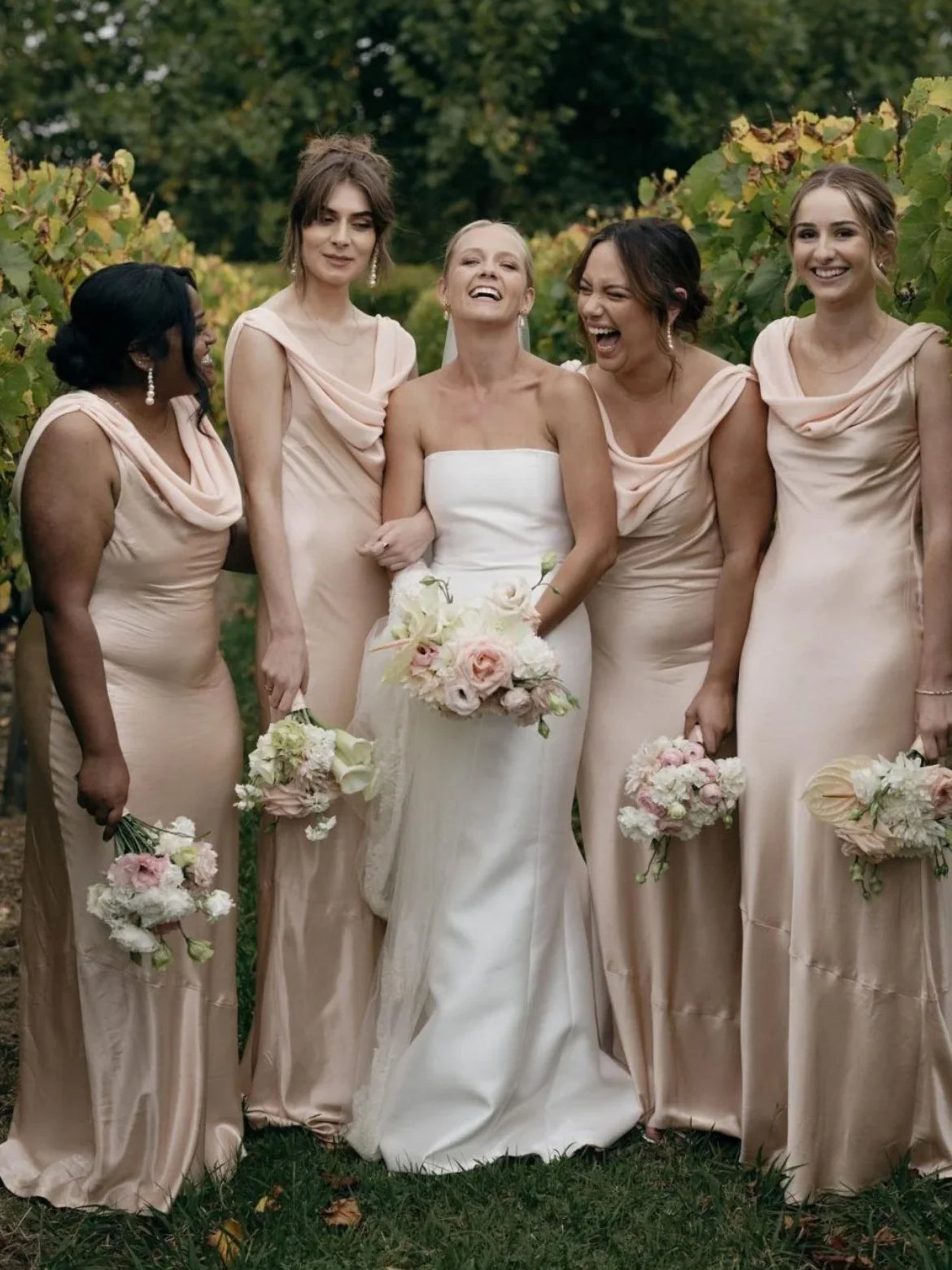 Blush satin cowl-neck mermaid bridesmaid dress, sleeveless, floor-length