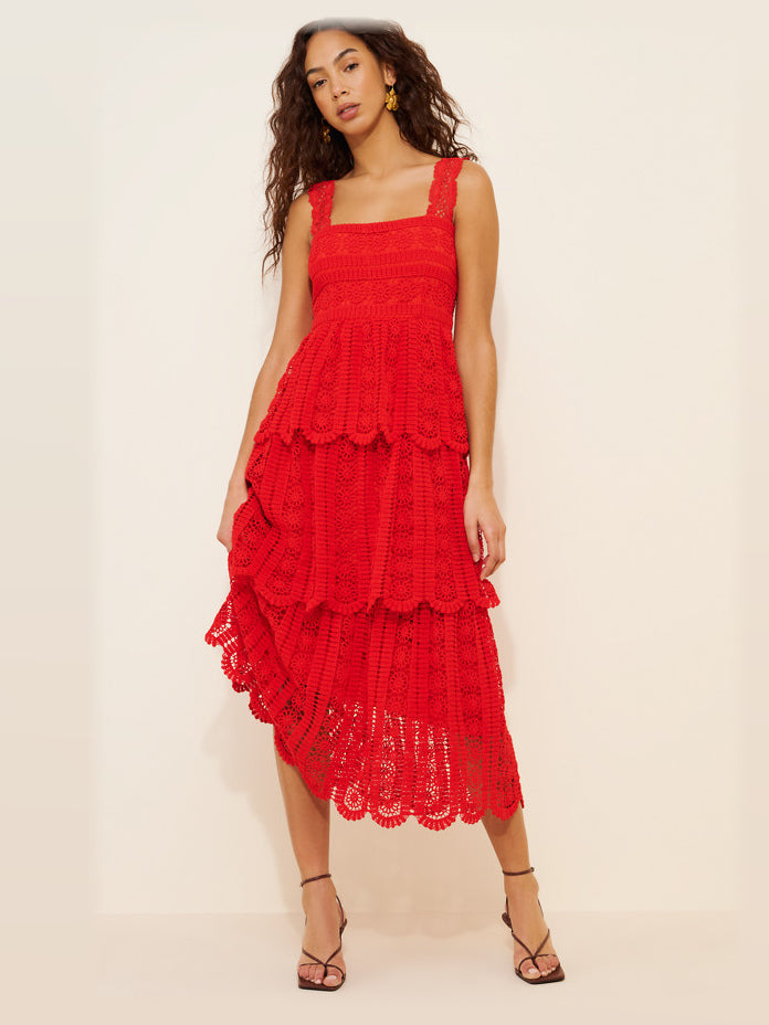 Red formal dress with a-line silhouette and maxi length