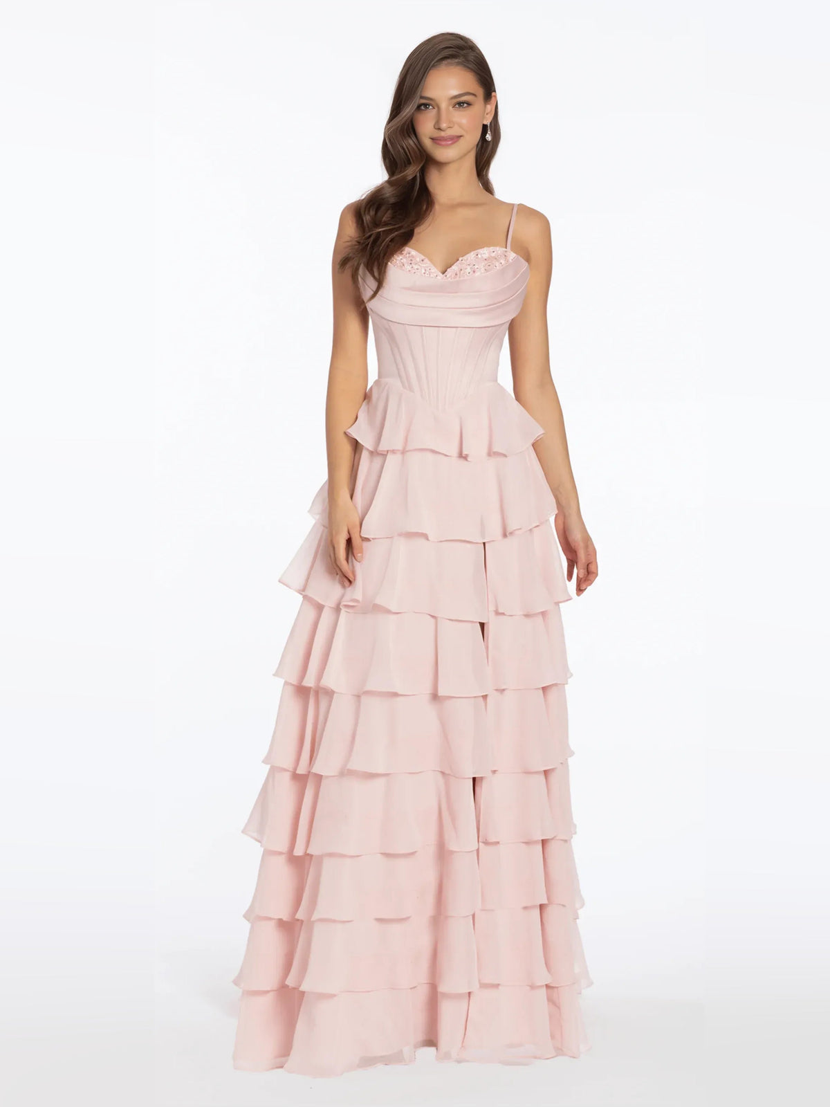 Light pink satin A-line prom dress with tiered ruffles, sweetheart neckline, thin straps.