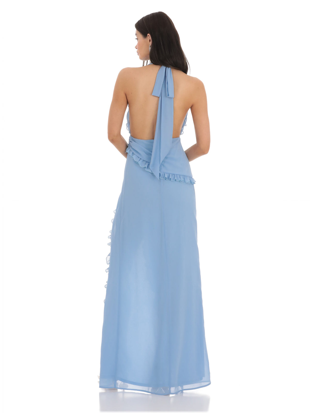 Blue bridesmaid dress with a-line silhouette and maxi length