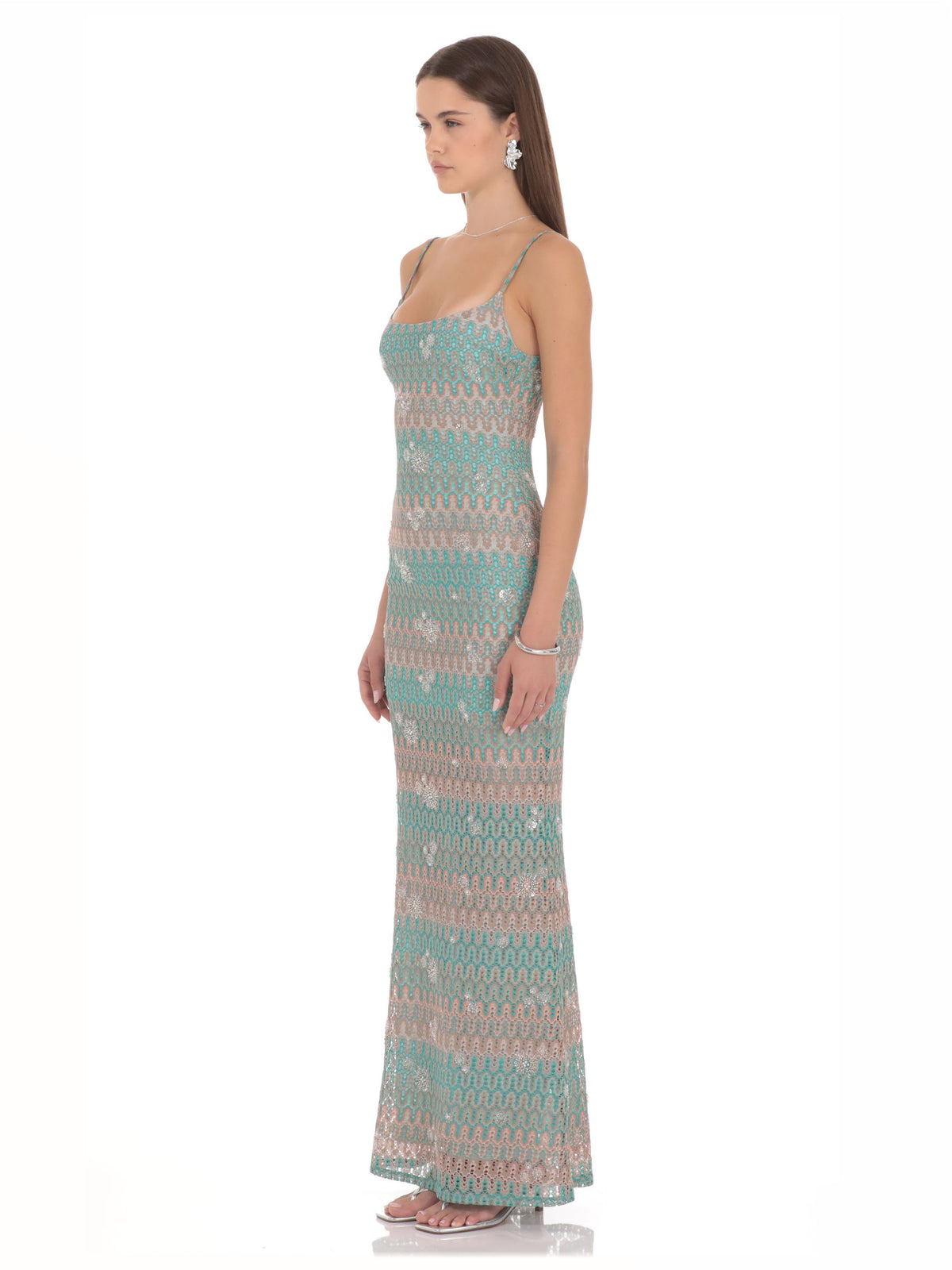 Turquoise bridesmaid dress with a-line silhouette and maxi length
