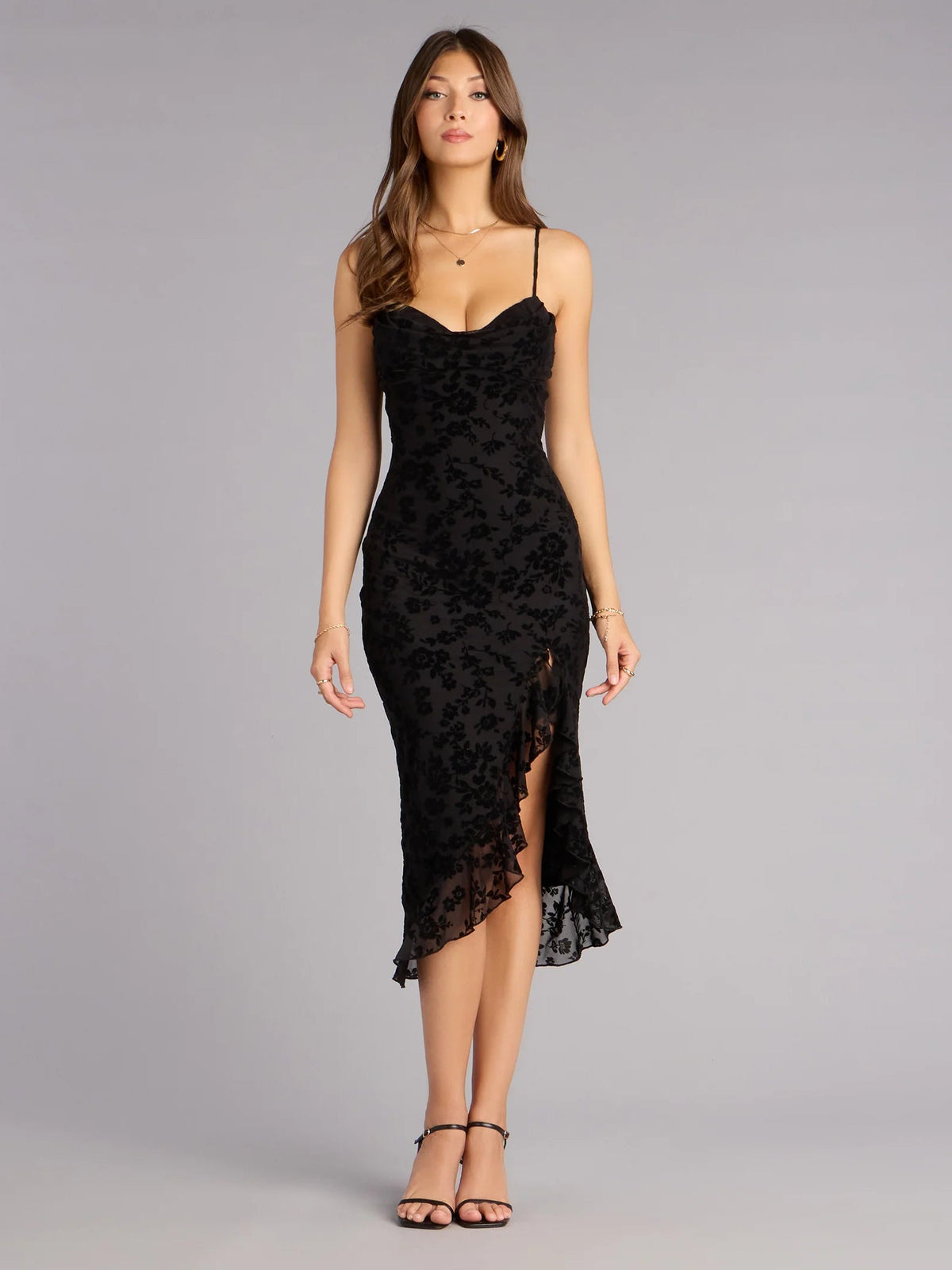 Black sweetheart ruffle midi formal dress with spaghetti straps and fitted bodice