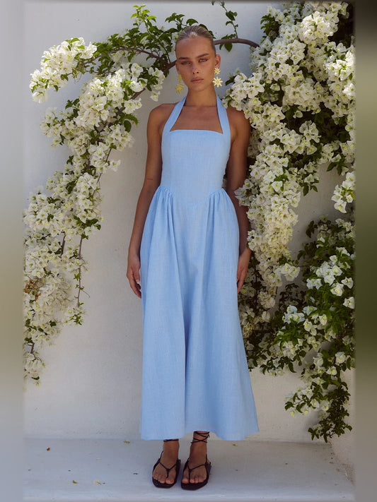 Ice blue midi formal dress with square neckline and halter straps, gathered skirt