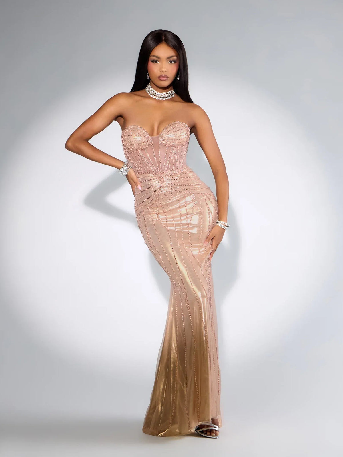 Rose gold strapless sweetheart dress with pearl-beaded bodice, mermaid silhouette