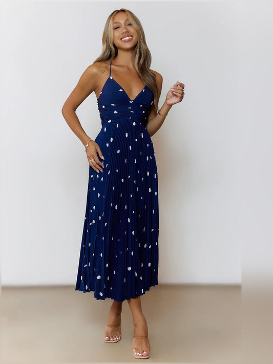 Navy midi formal dress, full-length front view
