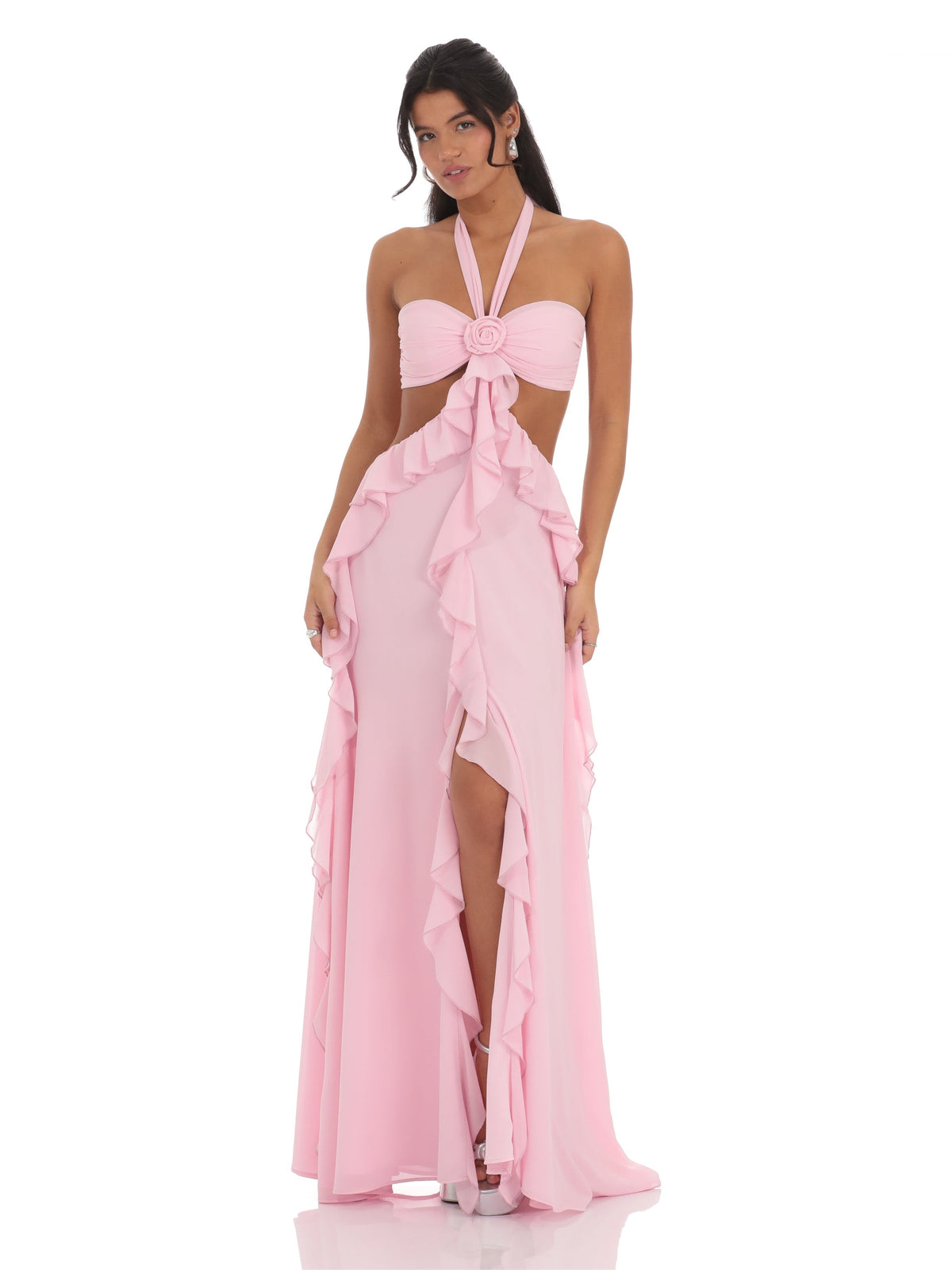 Pink bridesmaid dress with a-line silhouette and maxi length