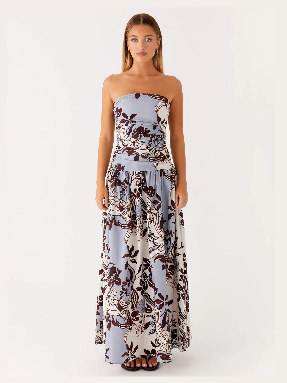 Light Blue Brown Floral Print maxi formal dress, front full-length view showing the neckline