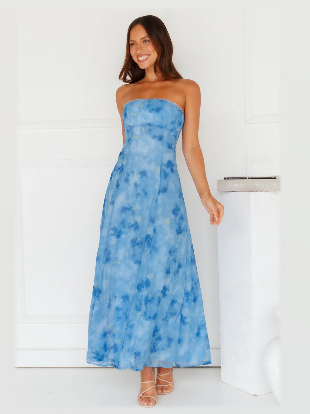 Blue formal dress with a-line silhouette and maxi length