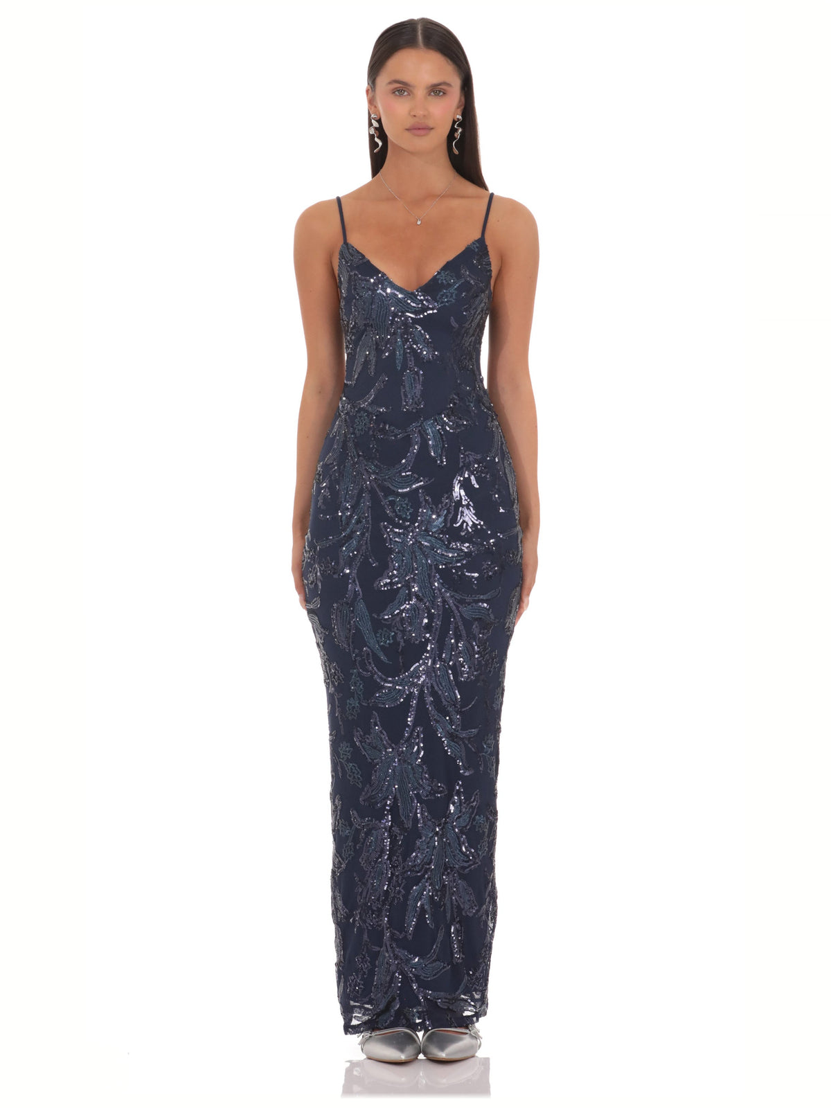 Navy bridesmaid dress with a-line silhouette and maxi length