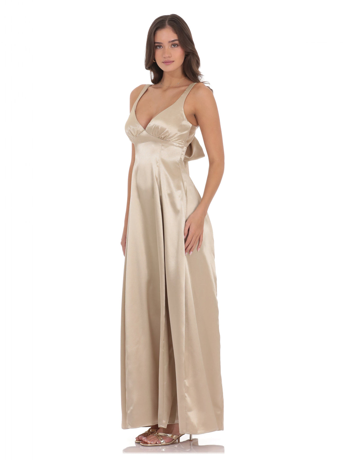 Gold satin V-neck fit-and-flare maxi dress with spaghetti straps