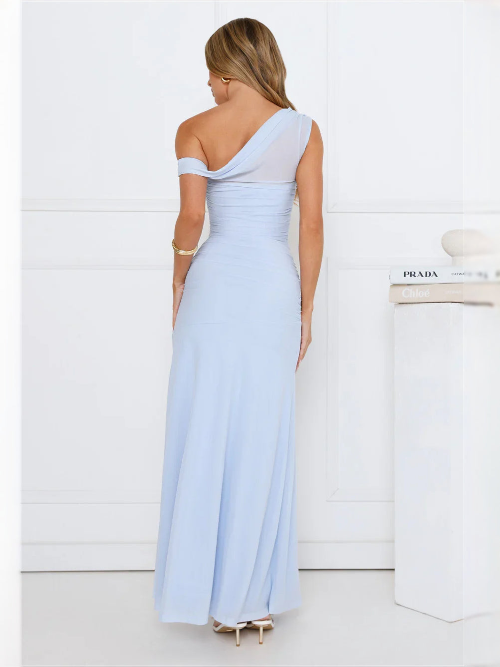 Sky blue ruched draped maxi sheath dress, open back, one-shoulder asym neckline