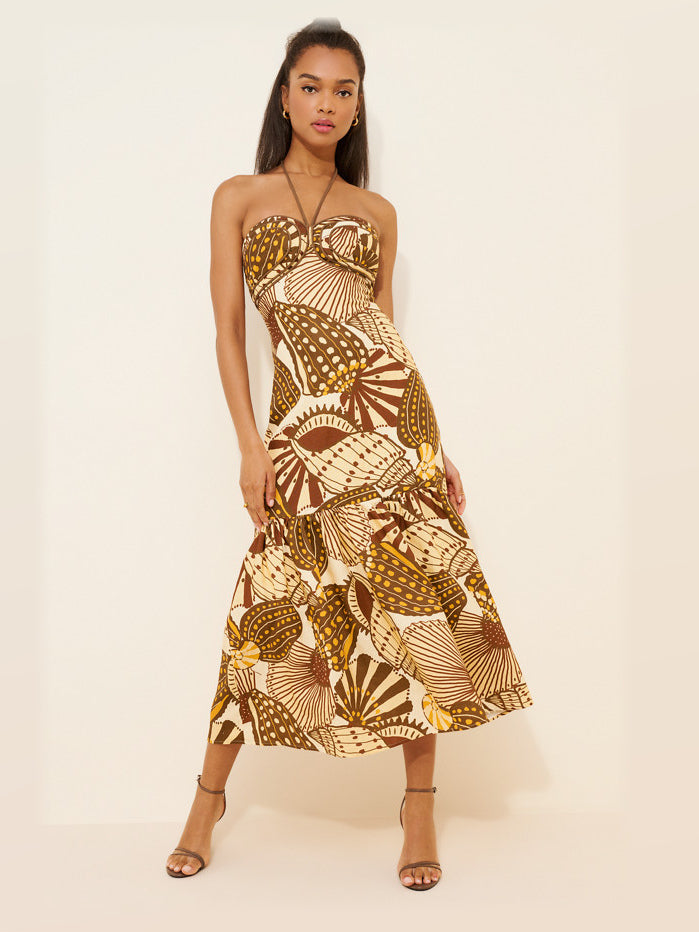 Brown Tropical Print midi formal dress, front full-length view showing the neckline