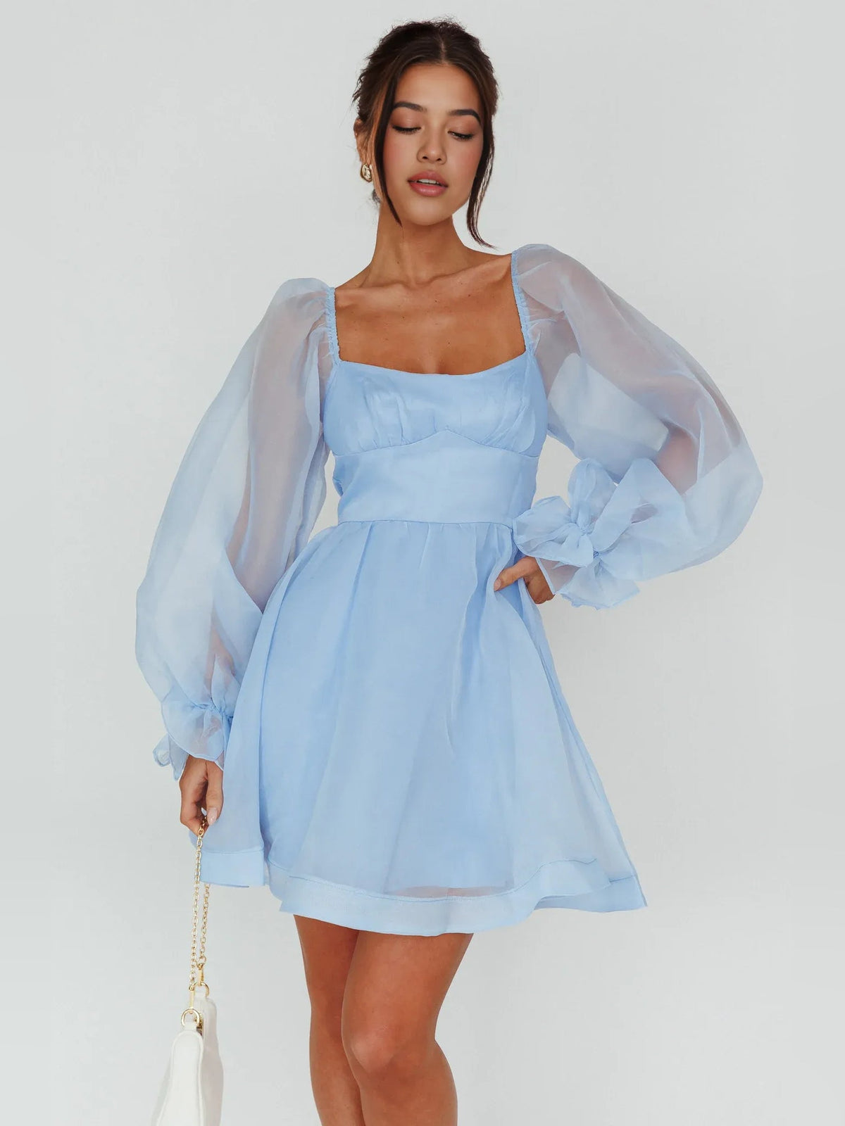 Light blue mini A-line satin dress with sweetheart neckline and puff sleeves