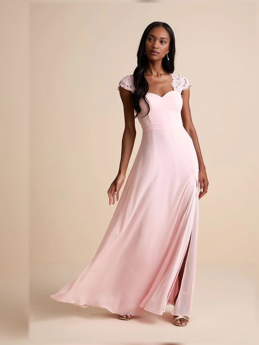 Blush pink sweetheart A-line maxi dress with lace cap sleeves and front slit