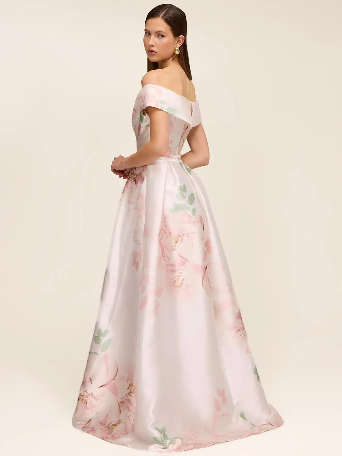 Floral satin off-shoulder A-line maxi dress with front slit and sweetheart neckline