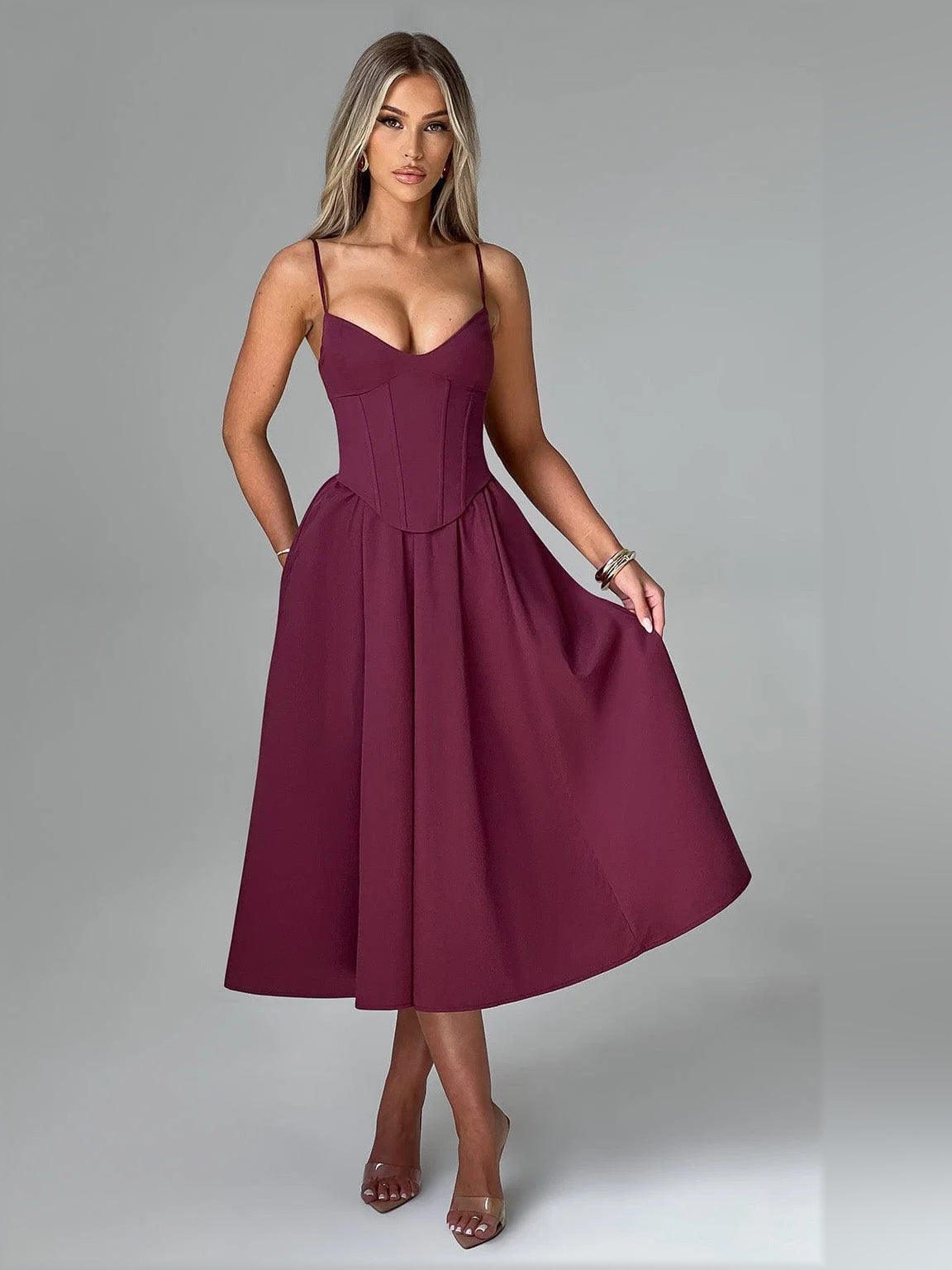 Cherry midi formal dress with spaghetti straps, sweetheart neckline, fitted corset bodice, pleated skirt