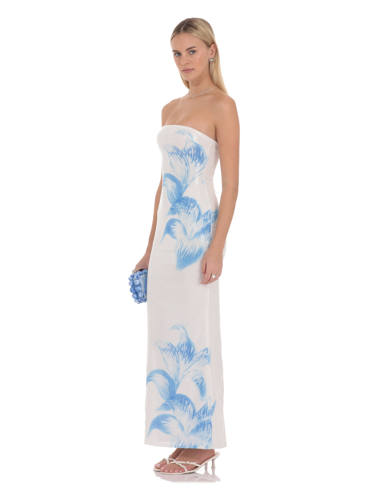 Blue bridesmaid dress with a-line silhouette and maxi length