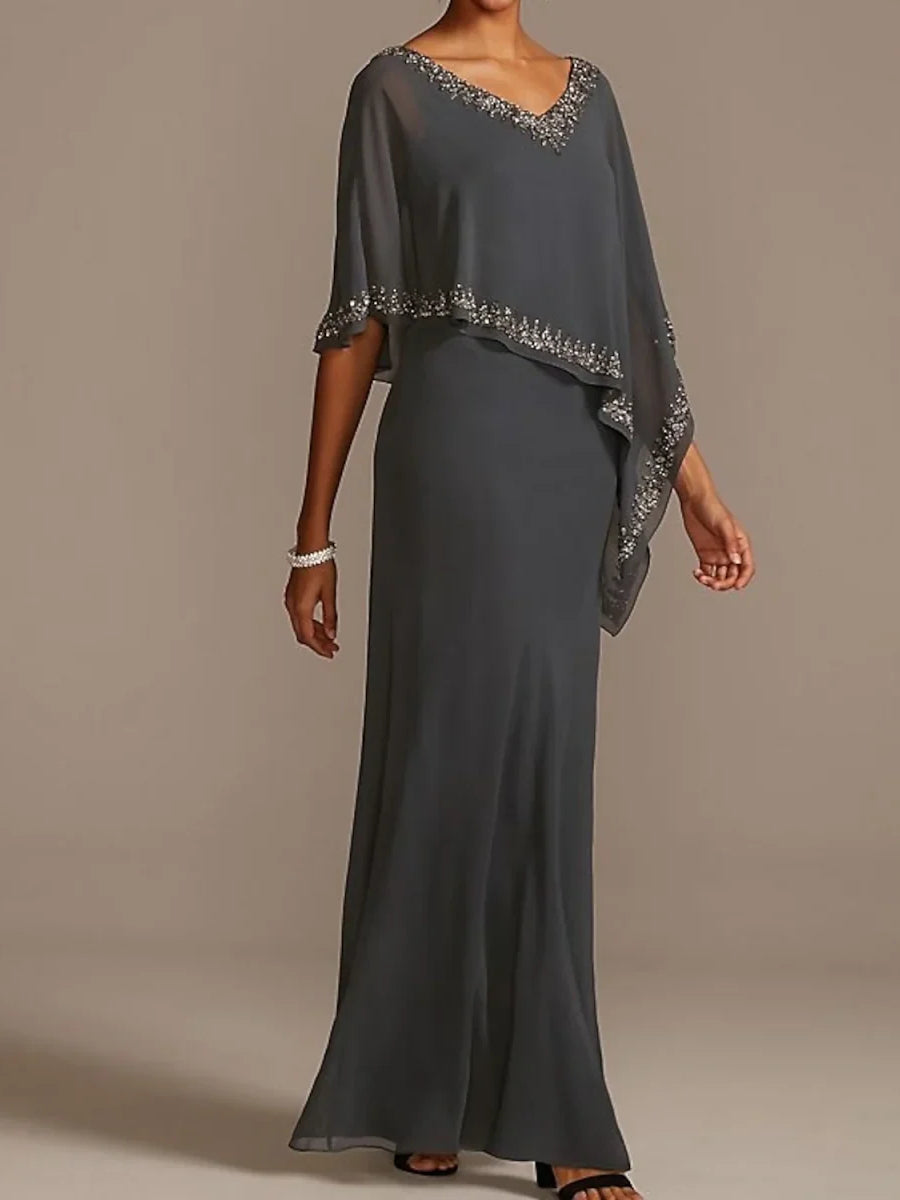 Gray beaded V-neck chiffon maxi dress with draped cape sleeves and A-line silhouette