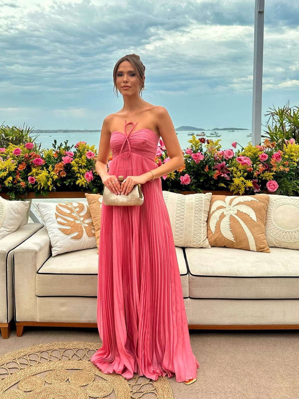 Dusty Rose a-line maxi formal dress with strapless neckline, full-length front view