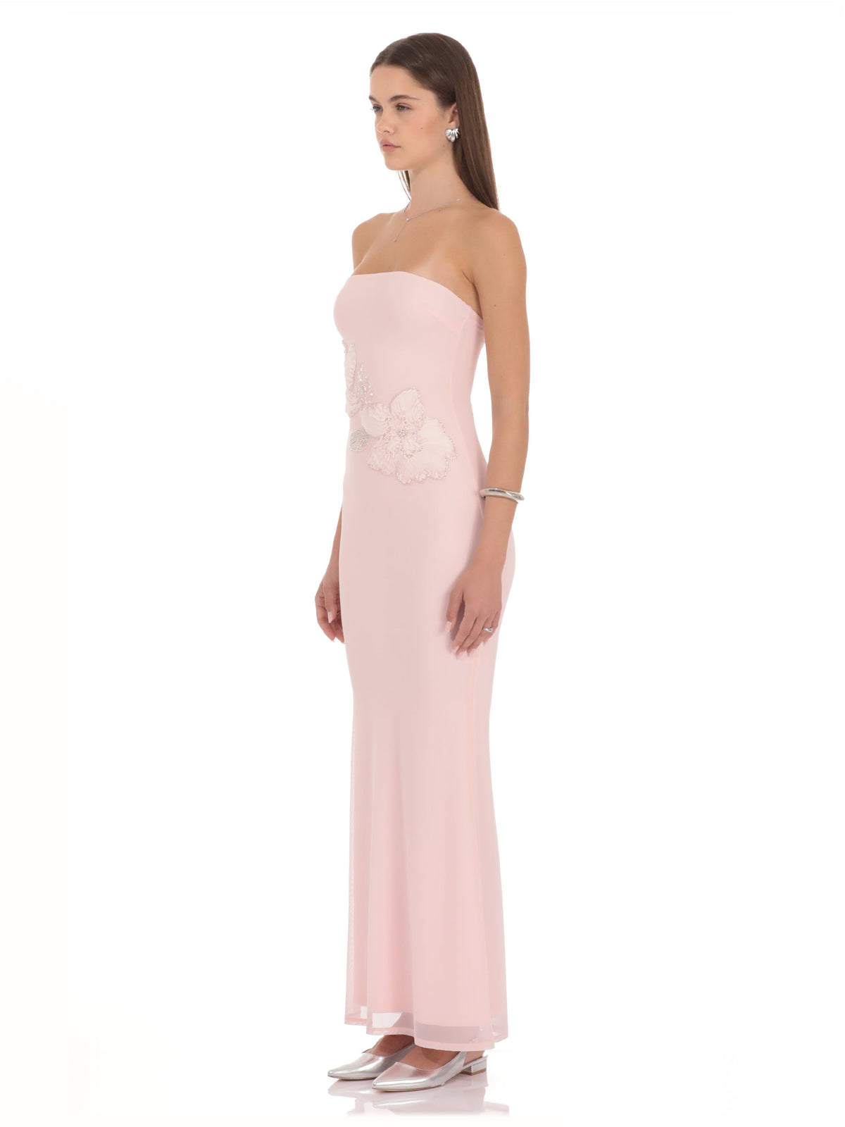 Blush Pink bridesmaid dress with a-line silhouette and maxi length