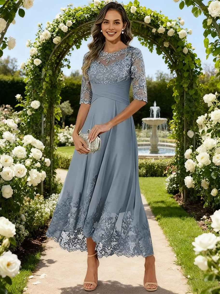Dusty blue pleated chiffon A-line dress with lace three-quarter sleeves, round neckline