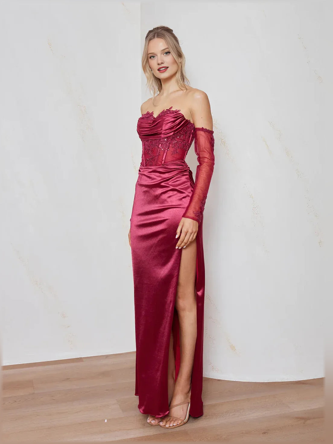 Cherry satin sweetheart formal dress, off-shoulder sleeves, ruched bodice, side slit