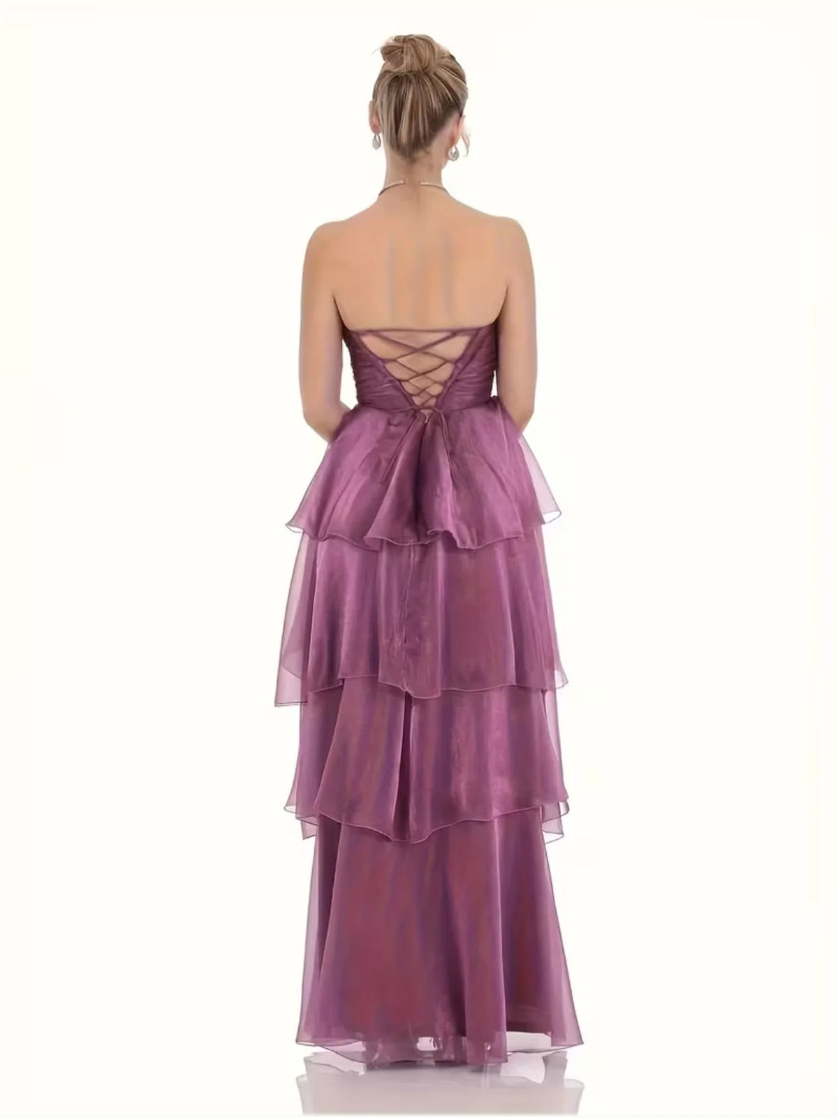 Purple sweetheart A-line wedding dress with tiered ruffle layers and crisscross back