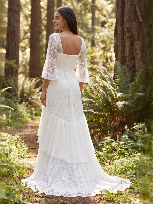 Ivory lace mermaid wedding dress, square back, lace bell sleeves, layered ruffle hem
