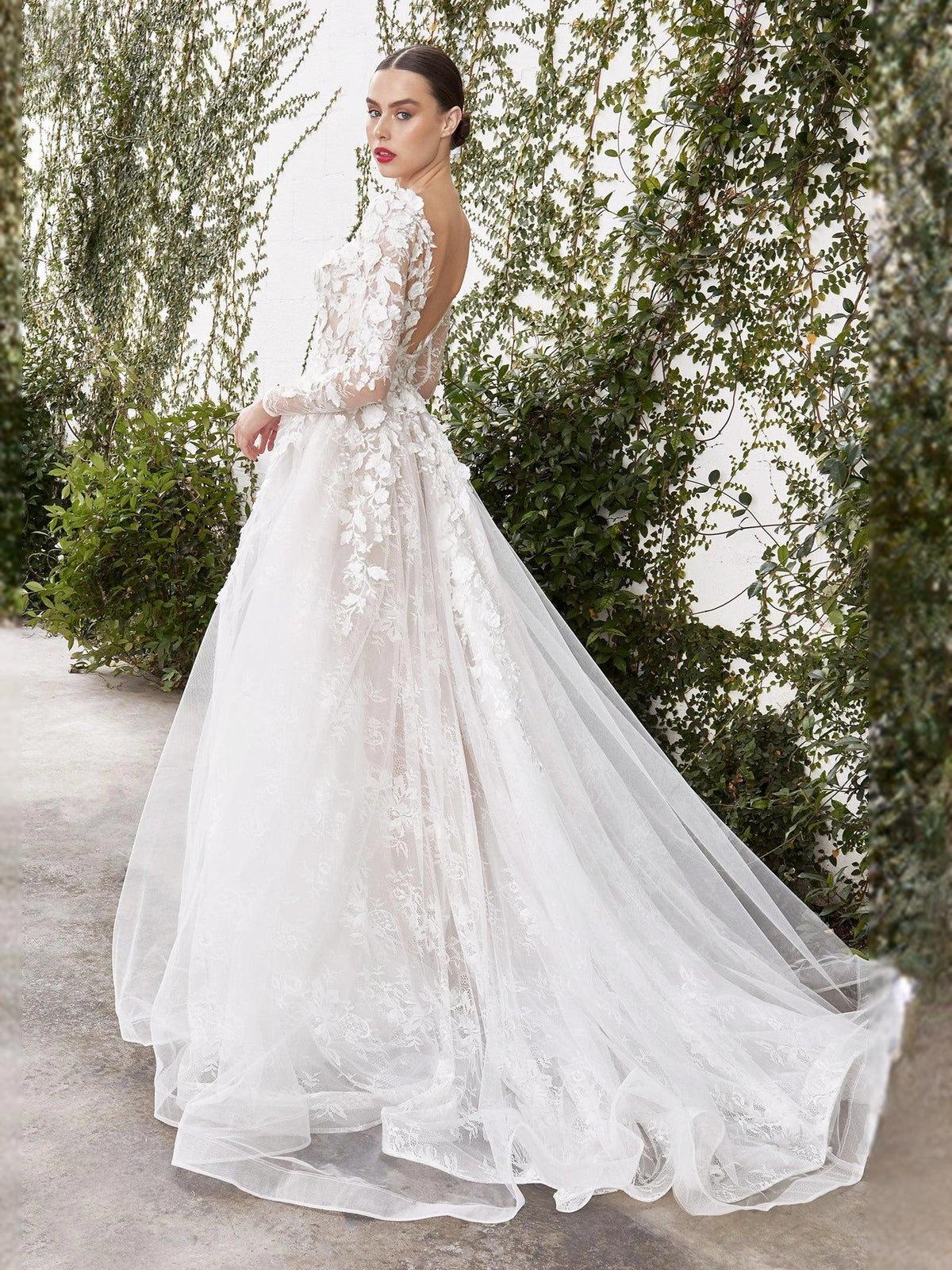 Ivory floral lace corset wedding dress with V neck, long sleeves, and floor-length tulle skirt