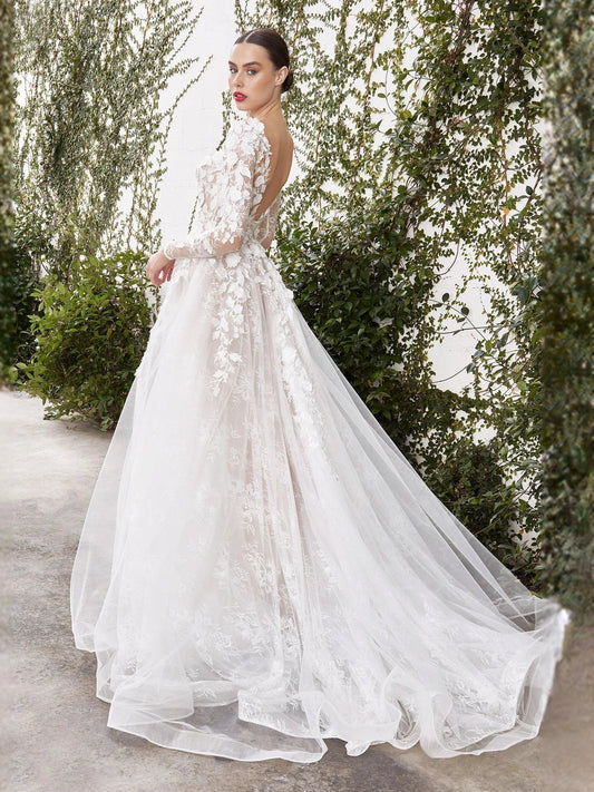 Ivory floral lace corset wedding dress with V neck, long sleeves, and floor-length tulle skirt